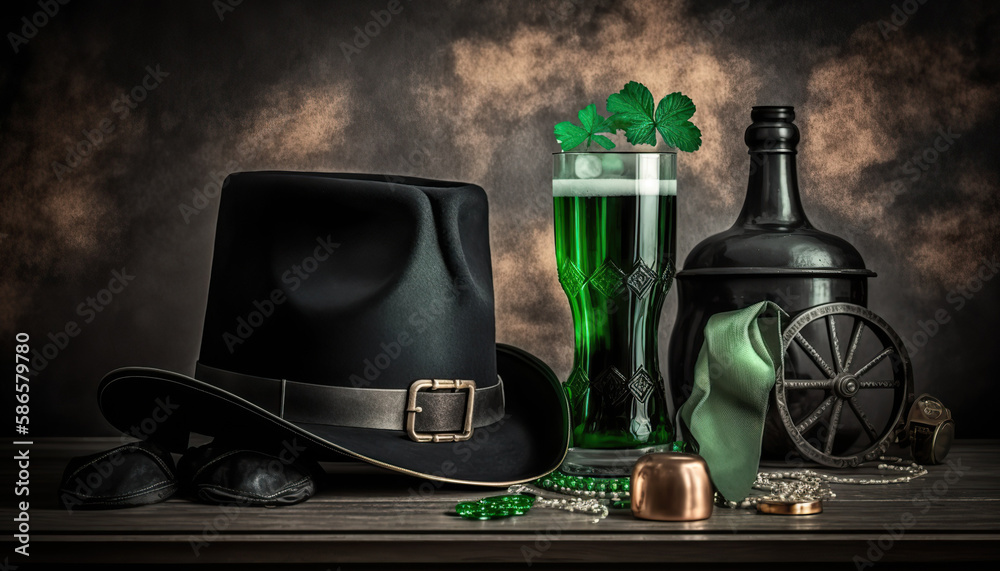 St. Patric's day greeting banner with green beer and hat. Horizontal indoor background. AI generative image. St. Patric's day greeting banner with green beer and hat. Horizontal indoor background. AI generative image.