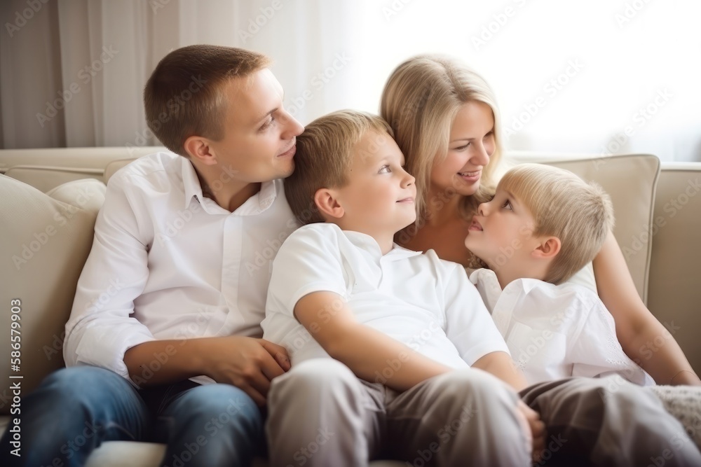 Happy family portrait. Father mother and children together. Generative AI Happy family portrait. Father mother and children together. Generative AI