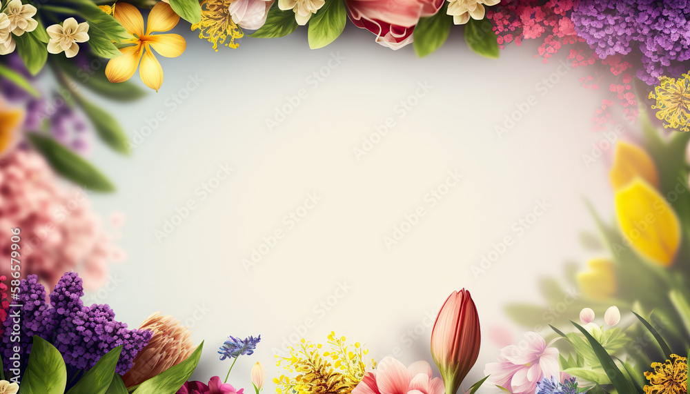 Springtime flower border frame with copy space in the middle. Beautiful floral background. AI generative image. Springtime flower border frame with copy space in the middle. Beautiful floral background. AI generative image.