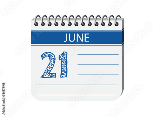 21 june calendar page vector. 3d one day calendar date appointment, deadline, event reminder illustration. Abstract three dimensional daily date calendar.
