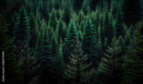  a forest filled with lots of green trees next to a forest filled with lots of tall green trees and lots of tall green pine trees.  generative ai