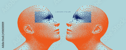 Two opponents facing each other. Conflict. People talk face to face. The concept of rivalry. Abstract digital human head made from dots. 3d vector illustration for banner, poster, cover or brochure.