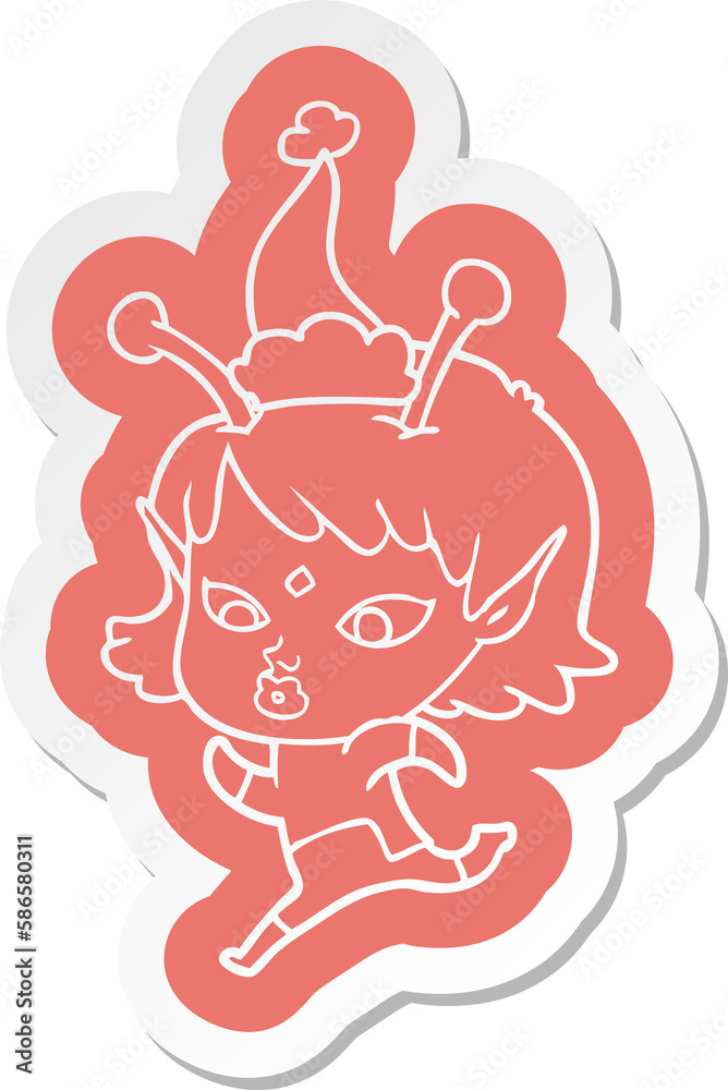pretty cartoon sticker of a alien girl running wearing santa hat pretty cartoon sticker of a alien girl running wearing santa hat