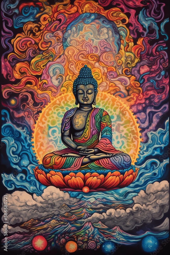 Painting of Meditating Buddha in Colorful Cosmic Energy Theme - Spiritual Awakening - Generative Ai Illustration 