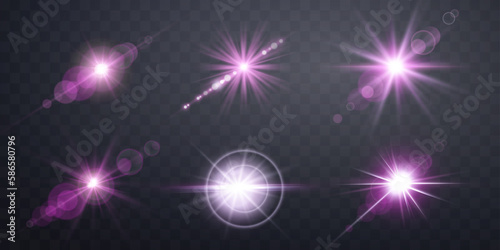 Pink lens flares set. Isolated on transparent background. Sun flash with rays or spotlight and bokeh. Pink glow flare light effect.