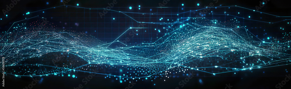 Abstract representation of technology digital wave, background and wallpaper idea. Beautiful wavy effect texture with glowing defocused particles. AI generated banner illustration.