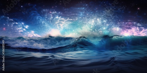 Otherworldly milky way midnight sky over deep blue sea  bright stars  vivid nebula cloud colors  peaceful twilight hour at the ocean shore- generative AI