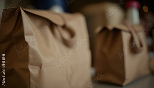 Close up empty clean brown craft paper shopping bag on blurred indoor background with copy space. AI generative image.