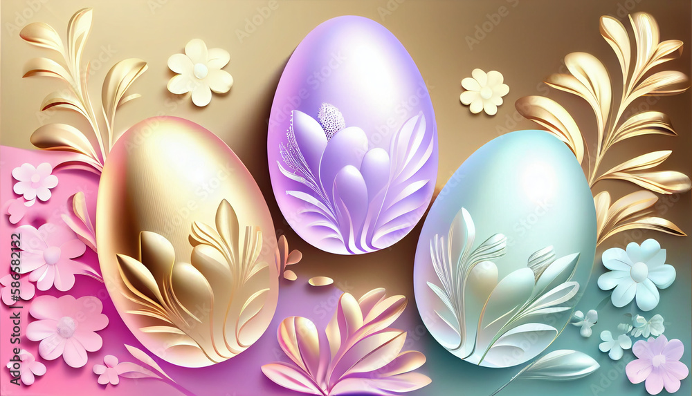Holographic Happy Easter banner with bright colorful holographic Easter eggs and flowers with copy space for your text, generative AI