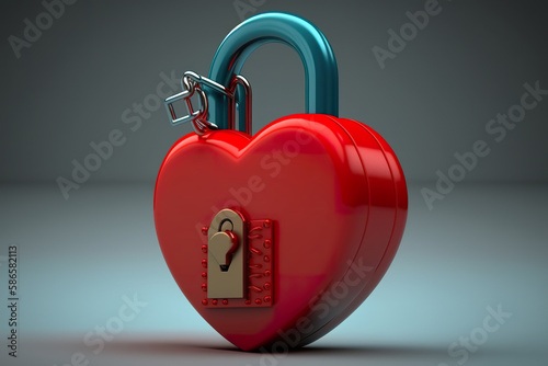 Red padlock with heart shape 3D render. Safety and emotionlessness closeness from feelings of red padlock heart. 3D realistic illustration. Creative AI photo