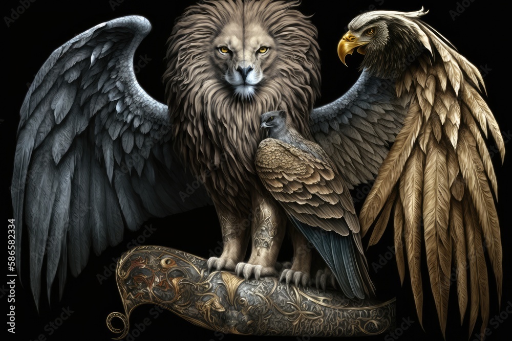 A creature with the body of a lion, the wings of an eagle background Generative AI