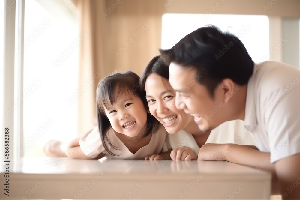 Happy family portrait. Father mother and kid smiling. Generative AI Happy family portrait. Father mother and kid smiling. Generative AI