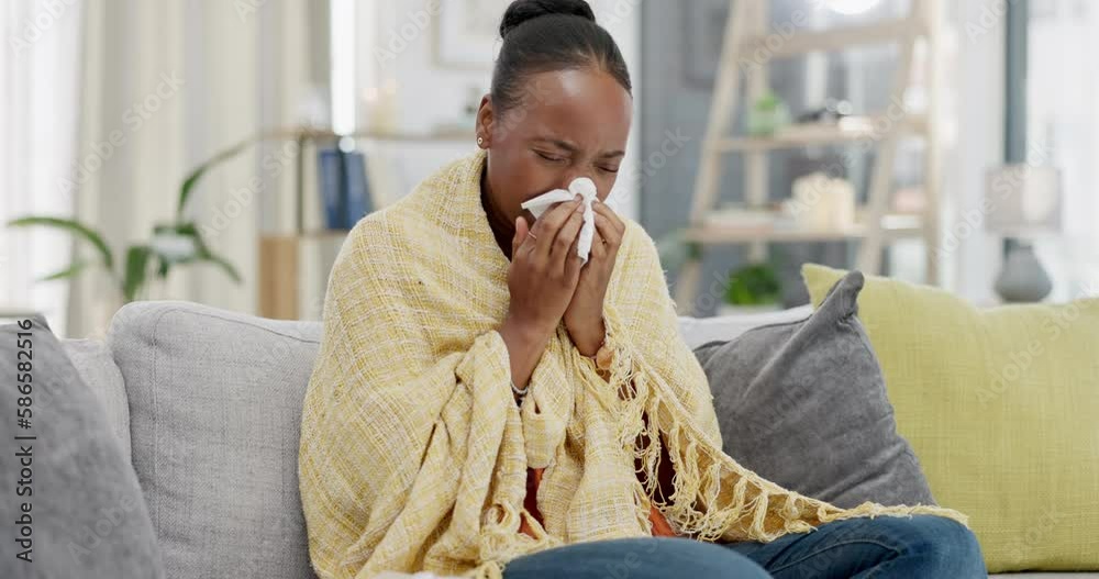 Sick black woman, tissue and flu in home of allergies, cold virus or ...