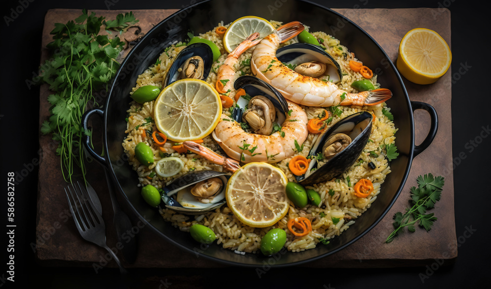  a plate of seafood and rice with lemons, carrots, and parsley on a wooden board with a fork and knife next to it.  generative ai