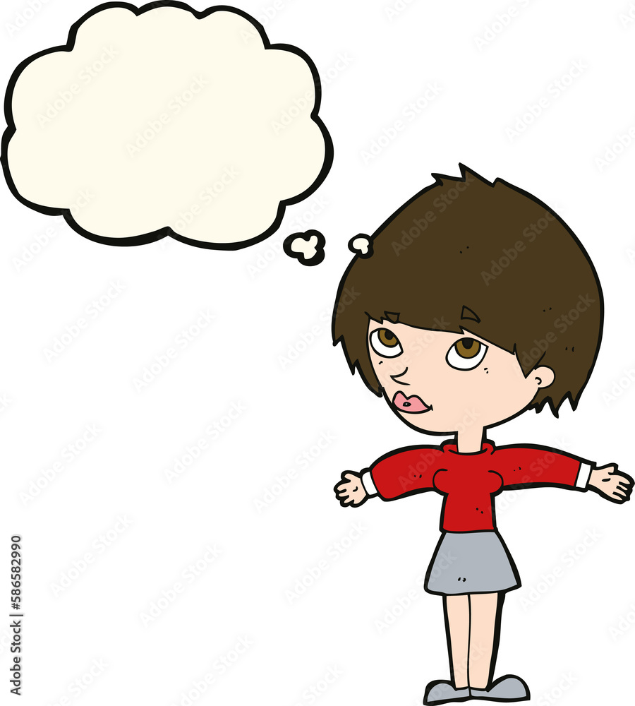 cartoon woman with open arms with thought bubble cartoon woman with open arms with thought bubble