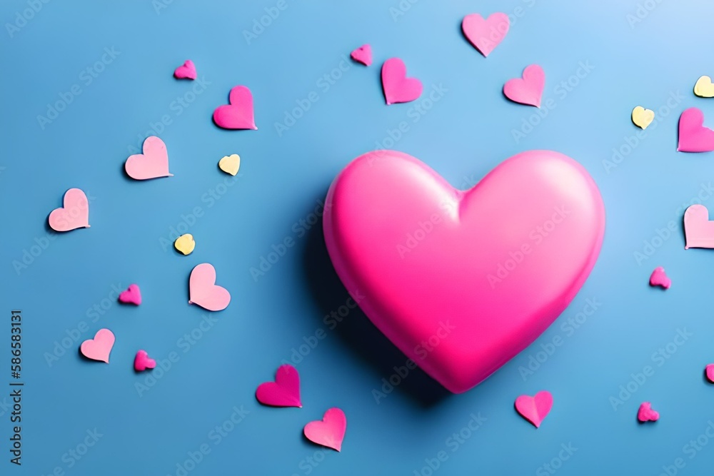 Valentine's Day background. Pink heart over blue. Valentines day concept. Flat lay, top view, copy space
