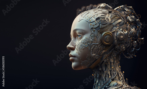 The Fusion of Human and Machine: Woman-faced Android with Visible Gears. Generative AI. Close up Portrait with Copy Space