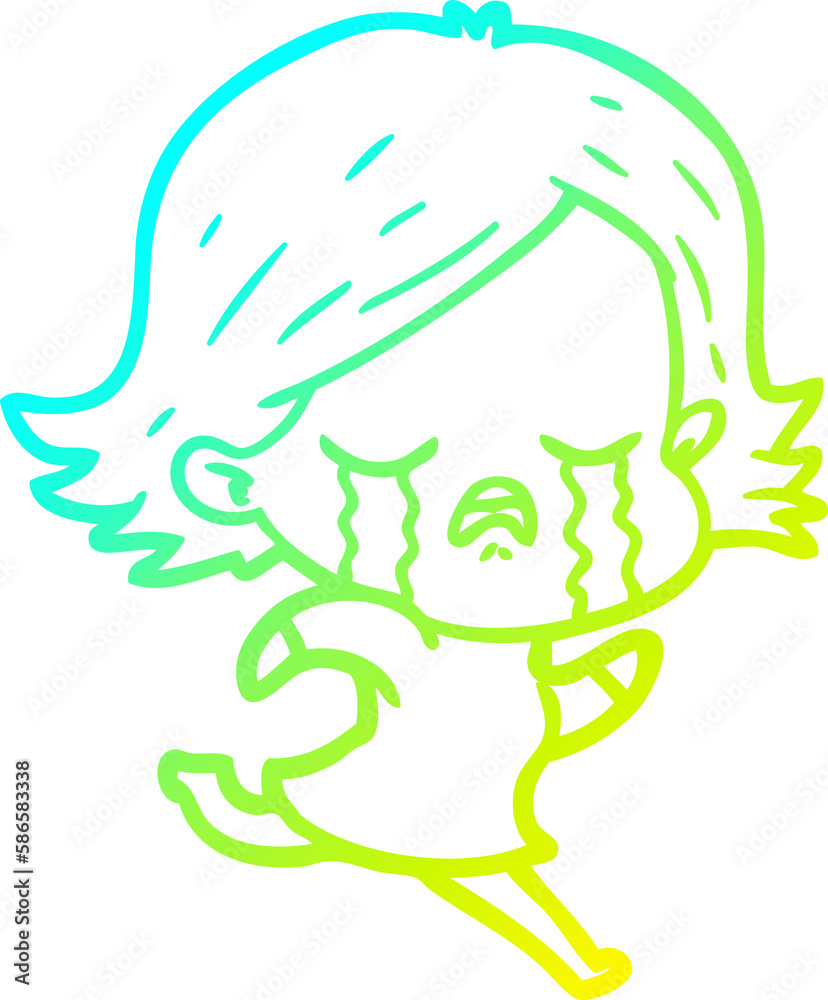 cold gradient line drawing cartoon girl crying whilst running