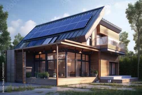 modern, eco-friendly house with a solar panel on the roof. Generative AI © AkuAku