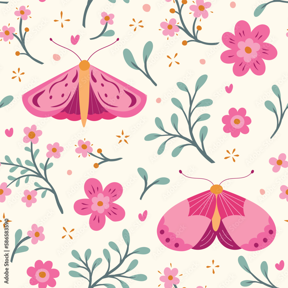 Obraz premium Cute vector floral seamless pattern with butterflies. Colorful flowers background. Trendy repeat texture for fashion print, wallpaper or fabric.