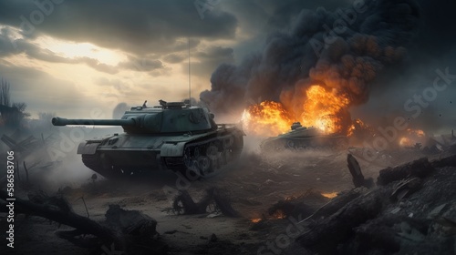 Armored tank on a battlefield with burning destroyed vehicles - Generativ AI