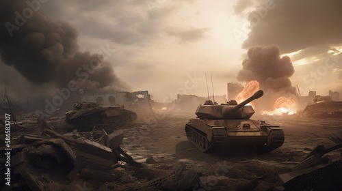 Tank on Battlefield Amidst Destroyed Vehicles - Generativ AI