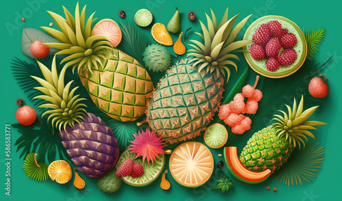  a painting of a variety of fruits and vegetables on a green background with leaves and berries on the bottom of the image and the bottom half of the image. generative ai