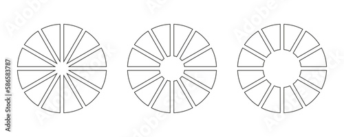 Wheels round divided in twelve sections. Outline donut charts or pies segmented on 12 equal parts. Diagrams infographic set. Circle section graph line art. Pie chart icon. Geometric elements.