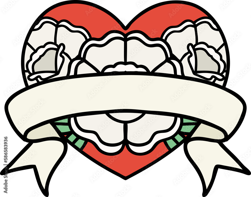 traditional tattoo of a heart and banner with flowers traditional tattoo of a heart and banner with flowers