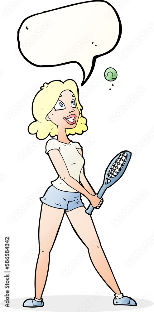cartoon woman playing tennis with speech bubble cartoon woman playing tennis with speech bubble