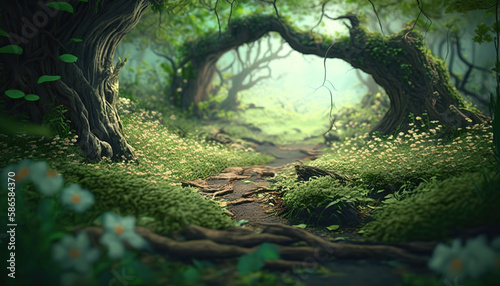 Beautiful fantasy dense forest landscape with old growth trees and spring flowers. Magic woods background with copy space. Fairy tale outdoor backdrop. AI generative image.