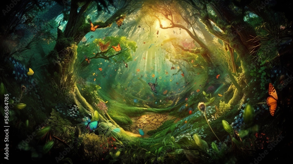Obraz premium Beautiful fantasy enchanted forest with butterflies, flowers and copy space. Fairy tale outdoor background. AI generative image.