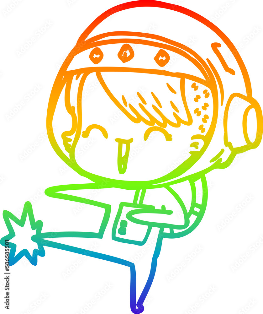 Fototapeta premium rainbow gradient line drawing happy cartoon space girl kicking