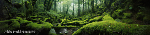 Moss forest. Deep in a mossy misty forest. Green carpet of moss, a stream flowing beneath. Generative AI. photo