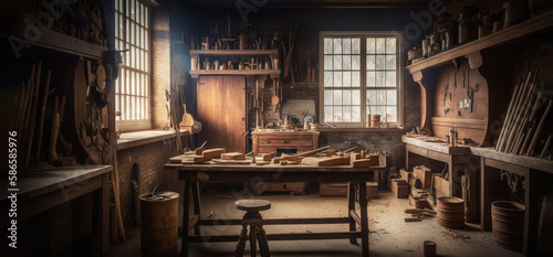 fine wood working or woodworking scene. wide format. hand edited generative AI.  photo
