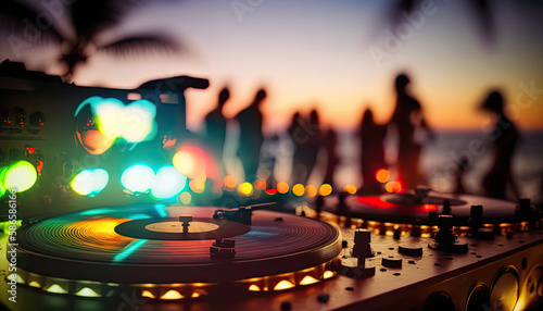 Outdoor night beach music party. Professional sound system dj console on foreground and blurred crowd of happy dancing people on background. AI generative image.