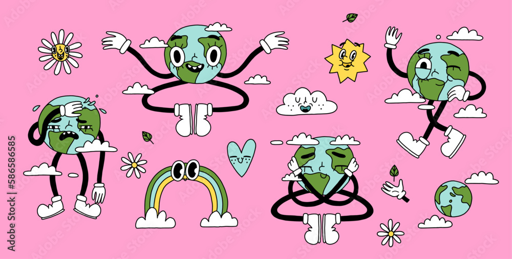 Naklejka premium Groovy Earth Day characters mascot set. Our Planet Earth illustration in retro cartoon style. Cute Earth globe, different emotions. Happy Earth day card. Hand drawn isolated vector stickers collection