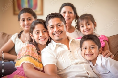 Happy big family portrait. Mom dad daughters and sons smiling, close up. Generative AI