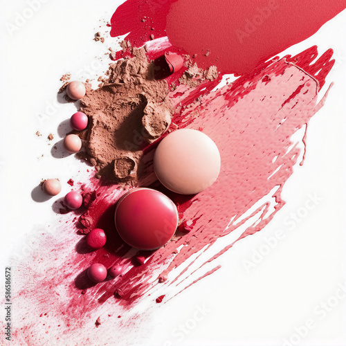 Composition with makeup cosmetics swatch. Cosmetics swatch with lipstick, eye shadow, face powder, highlighter, skin 