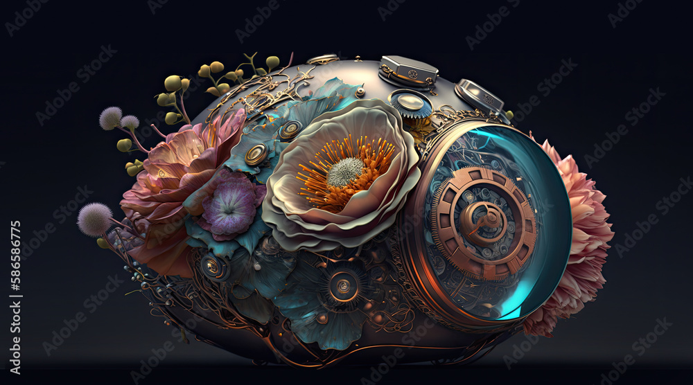 Organic and Artificial Fusion. Abstract Organism with Flowers and Robotics. Generative AI Organic and Artificial Fusion. Abstract Organism with Flowers and Robotics. Generative AI