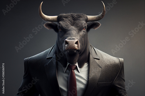 angry businessman bull in a business suit,portrait of a bull in a businessman suit, angry angry boss, head of a bull in an expensive suit, Generative AI
