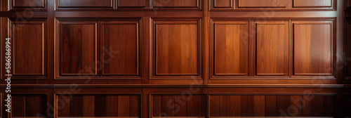 A high class wood paneling background or texture.
highly crafted classic / traditional wood paneling, with a frame pattern, often seen in courtrooms, premium hotels, and law offices. Generative AI. photo