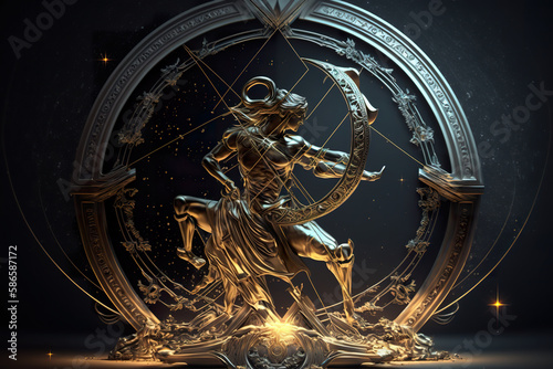 Sagittarius zodiac sign horoscope symbol magic astrology sagittarius in fantastic night sky. Astrological zodiac signs of gemini. Sagittarius horoscope. Realistic 3D illustration. Based on Generative  photo