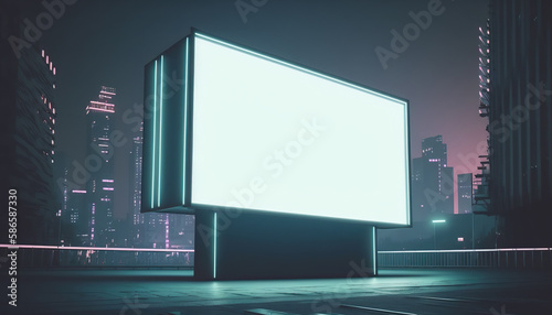 Bright neon lit billboard with empty clean copy space. Night big city outdoor background. AI generative image.