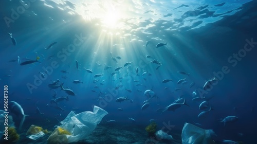 Plastic bottle floating in ocean with aquatic animal, fish. Ocean pollution, environmental conservation and ecology concept. Generative AI