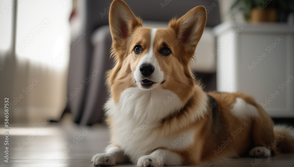 Adorable cute Pembroke Welsh Corgi in beautiful luxurious interior, indoor background. Popular dog breed. AI generative image. Adorable cute Pembroke Welsh Corgi in beautiful luxurious interior, indoor background. Popular dog breed. AI generative image.