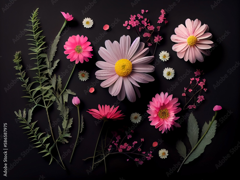 Obraz premium Beautiful delicate flowers in pastel colors on a black background. Generative AI