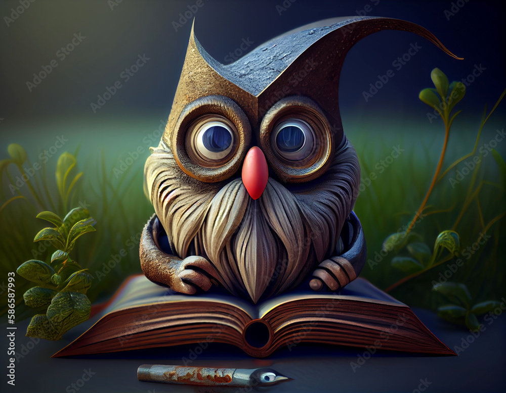 Magic owl or gnome in front of an open book. Generative AI
