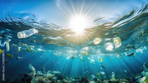 Plastic bottle floating in ocean with aquatic animal, fish. Ocean pollution, environmental conservation and ecology concept. Generative AI photo