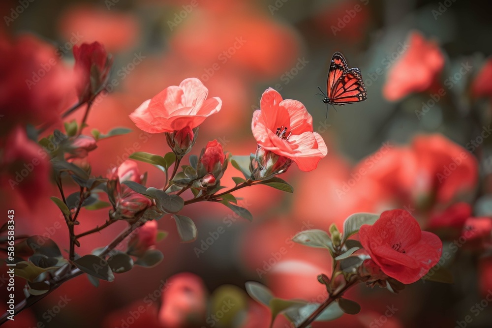 Obraz premium delicate beauty of the Japanese Quince flowers and the majestic Monarch butterflies, AI Generated